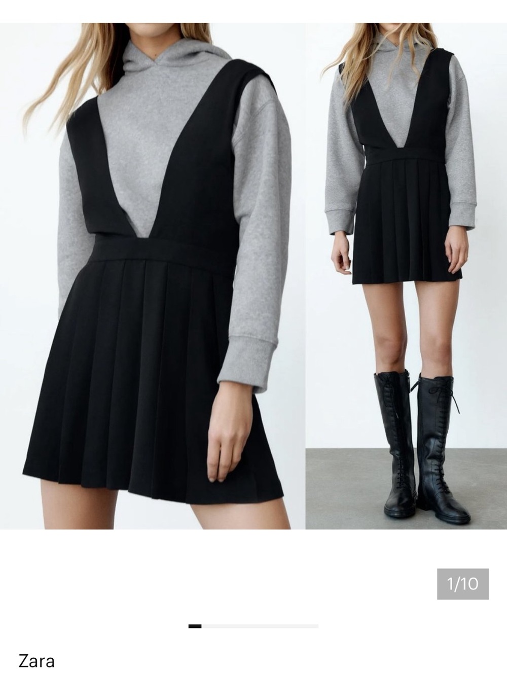 NEW Zara Box Pleat Tennis Skirt Cute Pinafore Overall Dress Crepe Woven Black L
